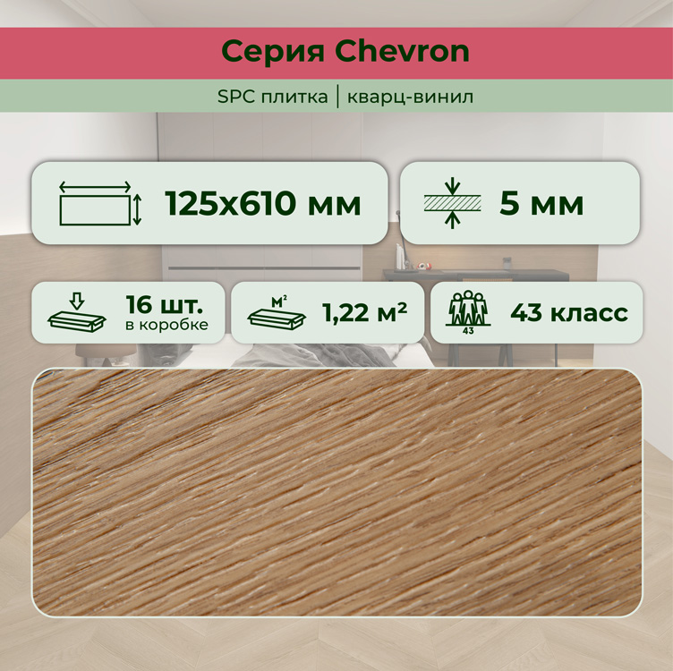 Плитка ПВХ-кварцвинил STRONG STEP Авиньон CHEVRON Франц. елочка 610х125х5 (1,22м2), 4V фаска