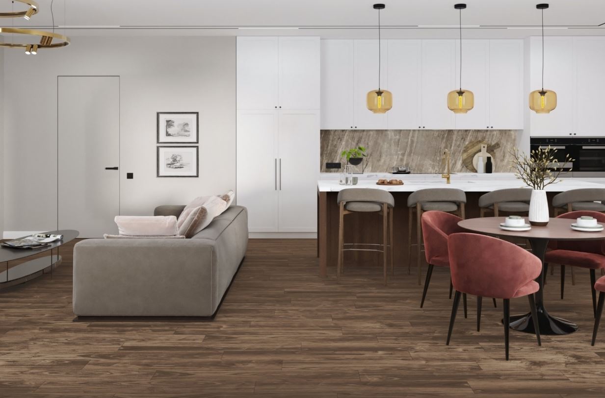 Плитка ПВХ-кварцвинил Damy Floor Орех Американский Family 1220х180х4 (2,635м2), 4V фаска