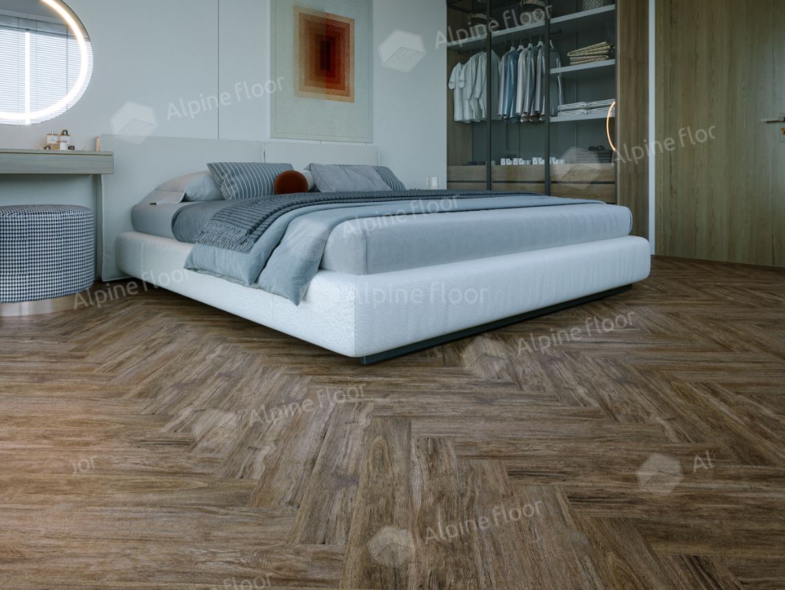 Ламинат Alpine Floor Дуб Бордо LF102-10 Herringbone 8 606х101х8 (2,203м2), защелка (Click), 4V фаска