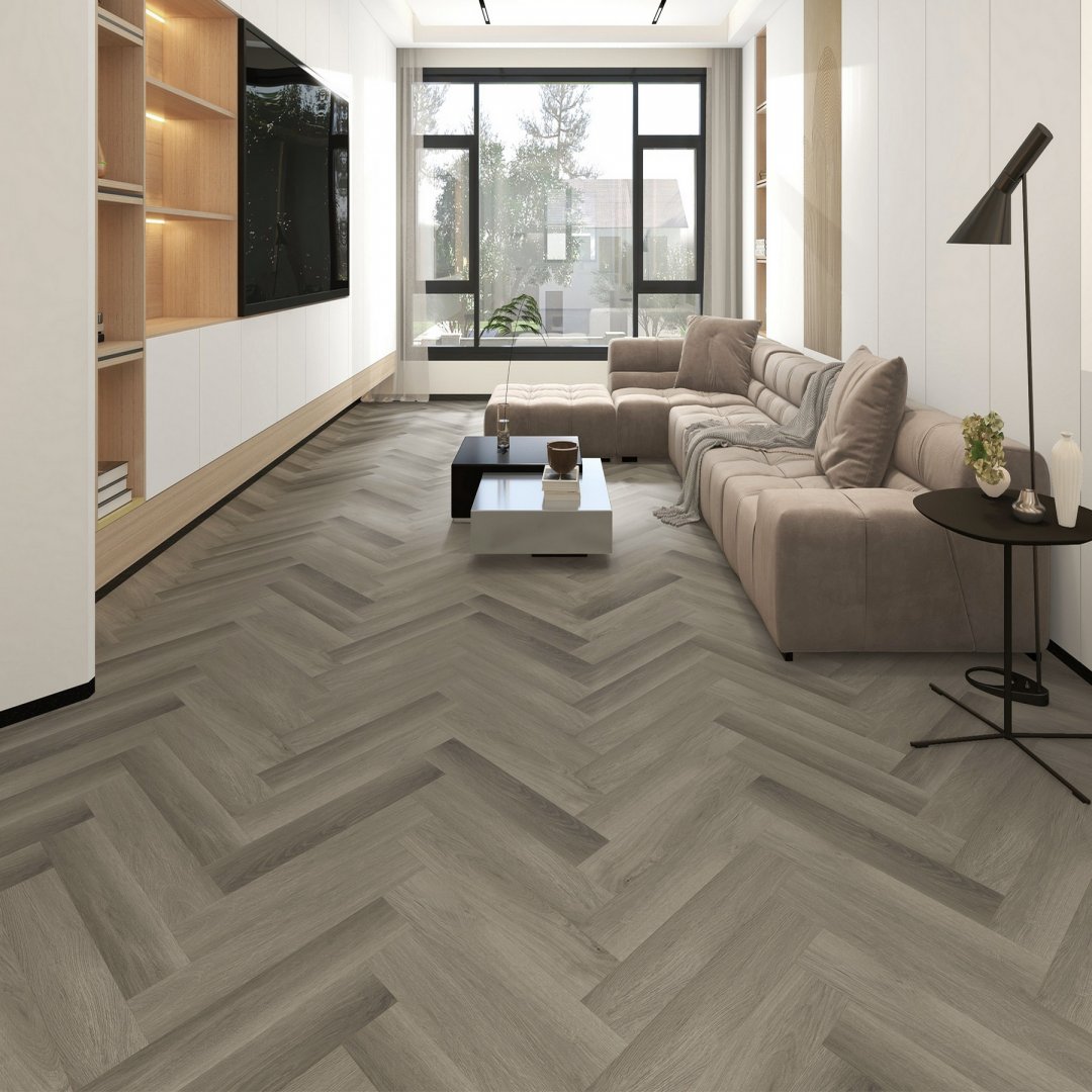 Плитка ПВХ-кварцвинил STRONG STEP Графит IDEAL Анг. елочка 630х126х5 (1,588м2), 4V фаска